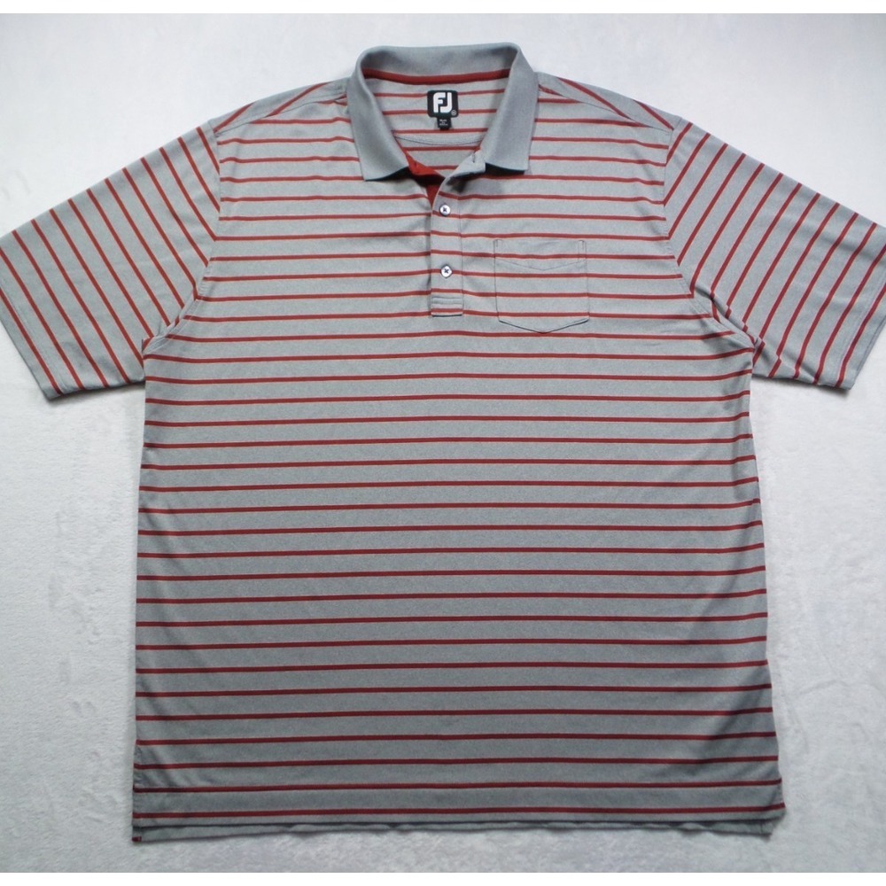 FJ FootJoy Shirt Mens Size 2XL Gray Red Striped Polo Short Sleeve Stretch